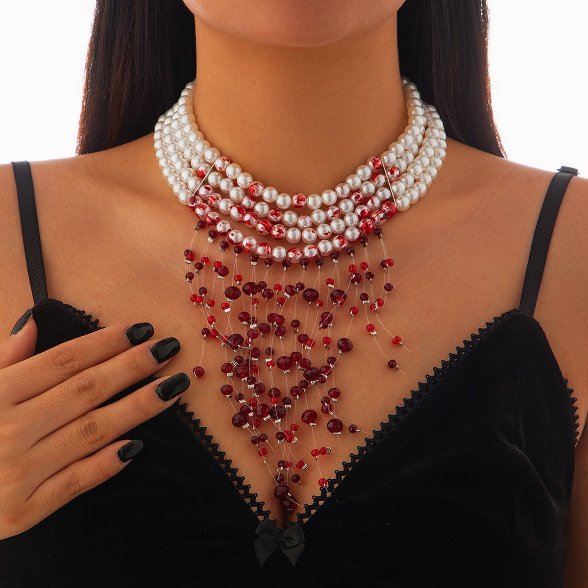 Pearl Choker Necklace Vintage - Gotik Kan Damlayan Sahte İnci Kristal