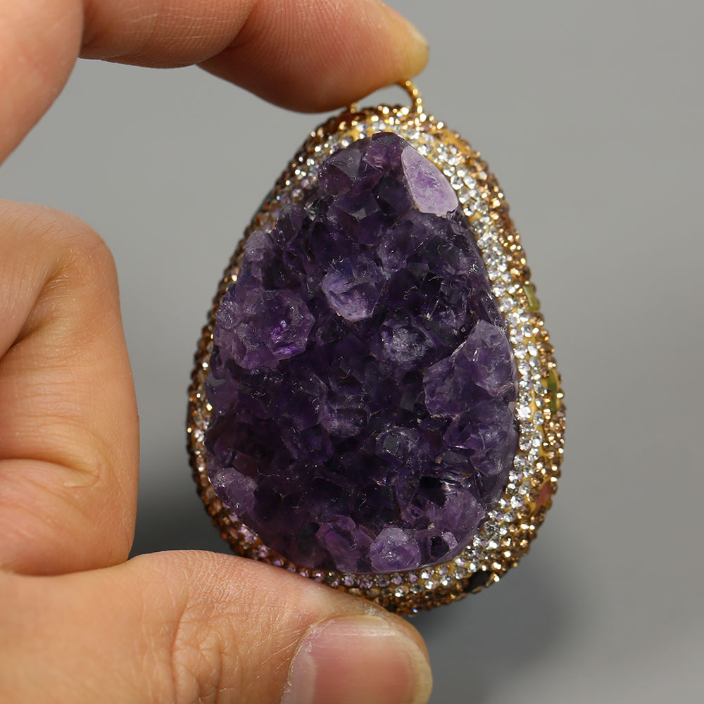 Crystal Pendant Necklace Natural Stone - Doğal Mor Ametist Kuvars Küme Kristal