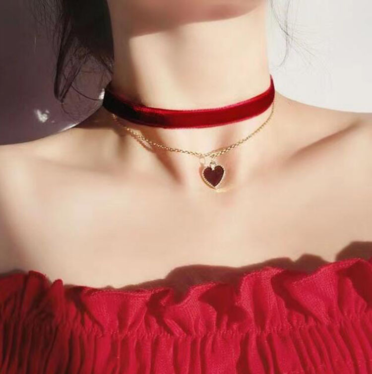 Layered Pendant Necklace Aesthetic - Romantik Çift Katmanlı Gerdanlık Kolye Kırmızı