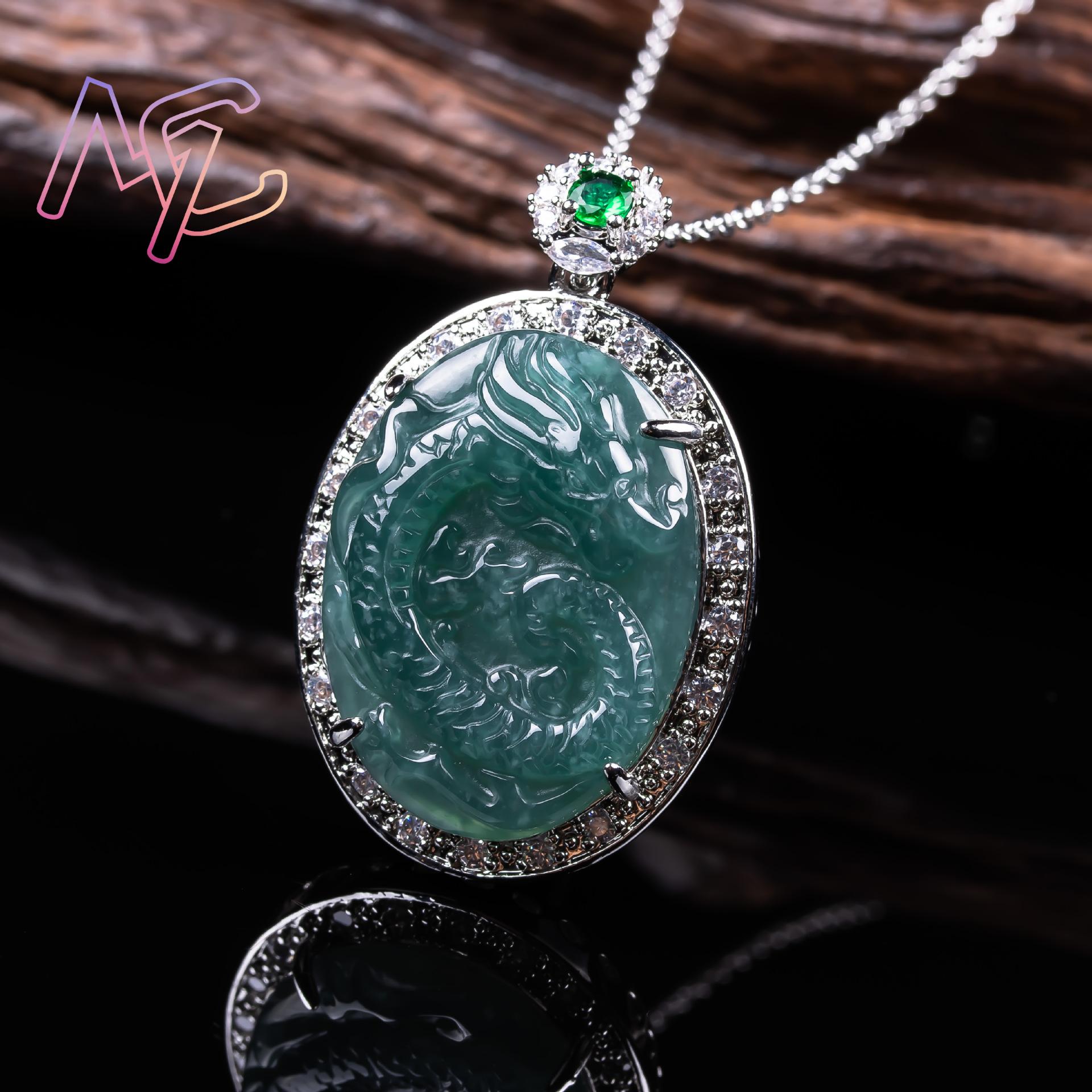 Myanmar Jadeite Ejderha Kolye  - 925 Sterling Silver Chain Necklace Men incelemesi ve fiyatı